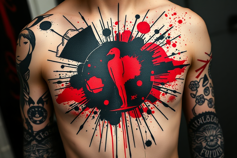 Dramatic trash polka style tattoo dubbed "Chaos and Order" combining bold geometric shapes and abstract splatters in stark black and vibrant red ink creating a powerful visual contrast between structured and chaotic elements text fragments and photorealistic elements add depth and complexity to the dynamic composition