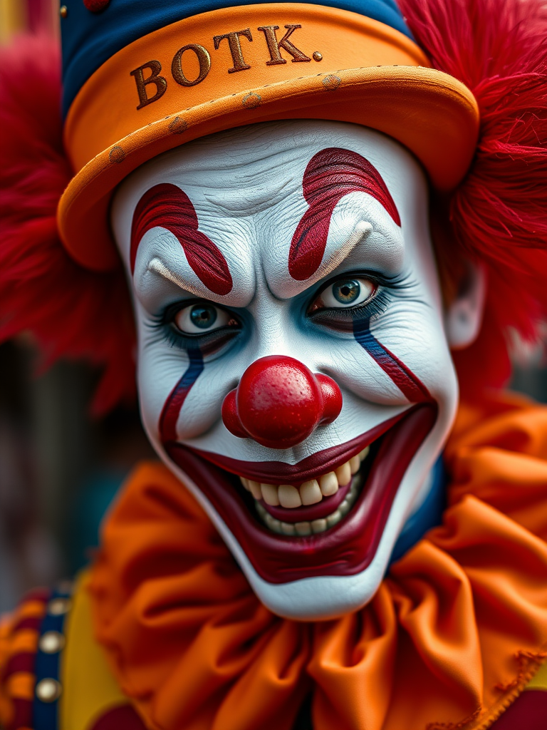 A vibrant close-up of a clown with exaggerated makeup and an intense smile, captured with a Canon EOS R5, 50mm f/1.2 lens, ISO 100, aperture f/2.8, natural lighting, shallow depth of field, emphasizing the clown's features against a blurred carnival background.
