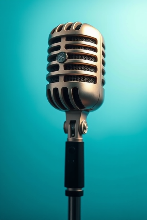 Create a minimalist design of a vintage microphone in a circular format with a soft blue background, using a Canon EOS R5 with a 50mm lens, aperture f/2.8, ISO 100, and a shallow depth of field for enhanced image quality.