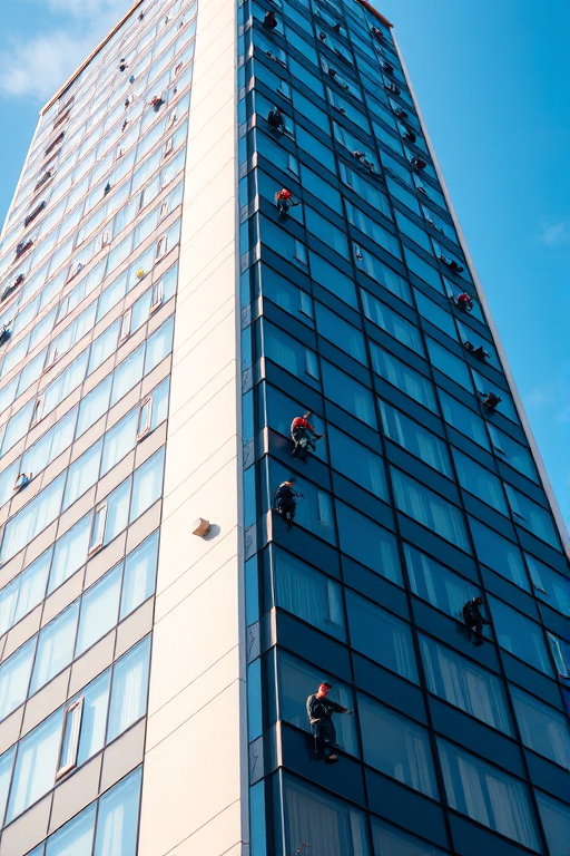 High-resolution shot of a modern skyscraper with window cleaners on the facade, captured using a DSLR camera at f/8 aperture, ISO 200, 1/250 sec shutter speed, 85mm lens, from a slightly elevated angle to enhance perspective and detail, with vibrant color saturation and sharp focus on architectural textures.