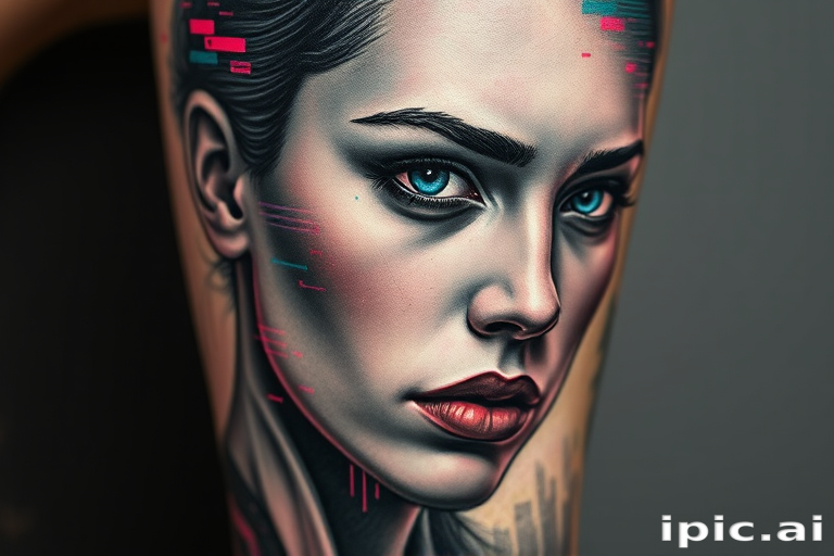 Edgy "Glitch Art Realism" tattoo approach combining hyper-realistic portraiture with intentional digital distortions and pixelation effects, using a palette of muted grays and pops of vivid RGB colors to create a striking contrast between the lifelike details and the surreal, tech-inspired glitches, resulting in a thought-provoking piece that blurs the line between traditional and digital art