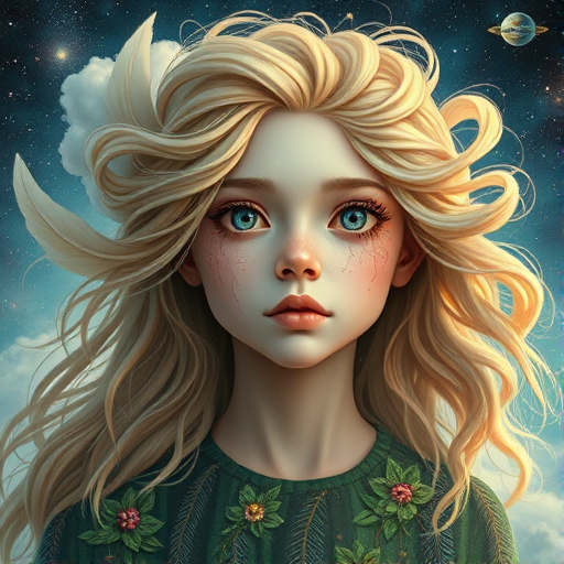Create a series of imaginative portraits where each subject is infused with elements of fantasy and nature. The hair of the individuals should flow like clouds, varying from soft, fluffy cumulus to wispy cirrus strands, with hints of color reflecting a sunset or a clear blue sky. The eyes should be windows to entire galaxies, with stars, nebulae, and distant planets visible within them. Clothing should be adorned with nature motifs, such as floral patterns that bloom and change, vines that seem to grow and wrap around, or feathers that shimmer with iridescence. Each portrait should capture a unique personality, blending human features with the ethereal beauty of the natural and cosmic world. The backgrounds can vary, from starry night skies to enchanted forests, adding depth and context to the magical realism of the portraits