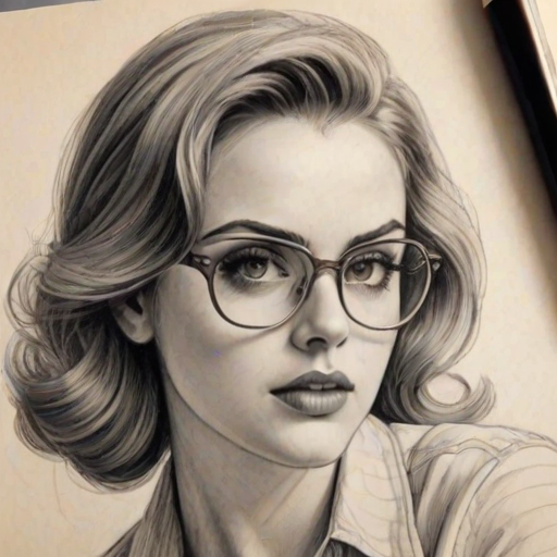 Enticing Elizabeth Gillies, pencil sketch, portrait of Stunning woman 1941s in glasses, hair style beatnik, outline, clear lines, fine lines, 8k