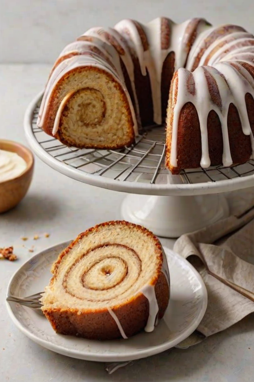 Create an image of a beautifully baked bundt cake with a spiral design, resting on a wire cooling rack. The cake should have a light glaze drizzled over the top, showcasing its texture and golden-brown color. The background should be a simple, neutral kitchen setting to emphasize the cake.