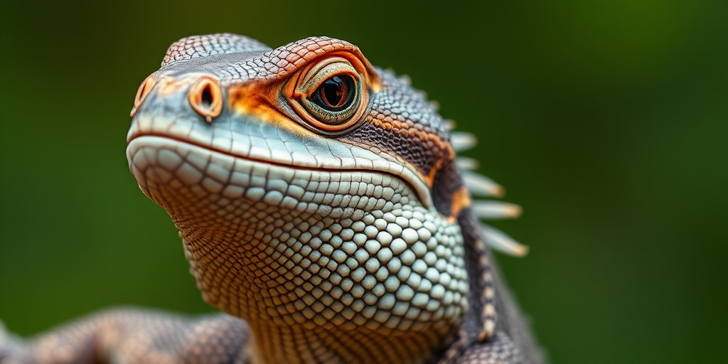close-up portrait of a monitor lizard with detailed scales and textures, soft focus background, natural light, macro lens, f/2.8 aperture, 1/200 sec shutter speed, ISO 100, DSLR camera, shallow depth of field