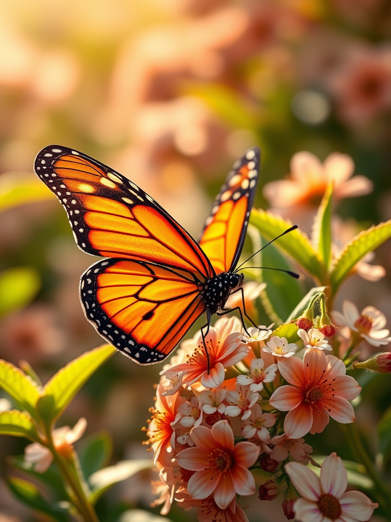 Generate an image of a butterfly perched on delicate flowers. The butterfly should have vibrant orange and black wings, surrounded by lush green leaves and softly blurred floral background. The lighting should be warm and natural, creating a serene atmosphere.