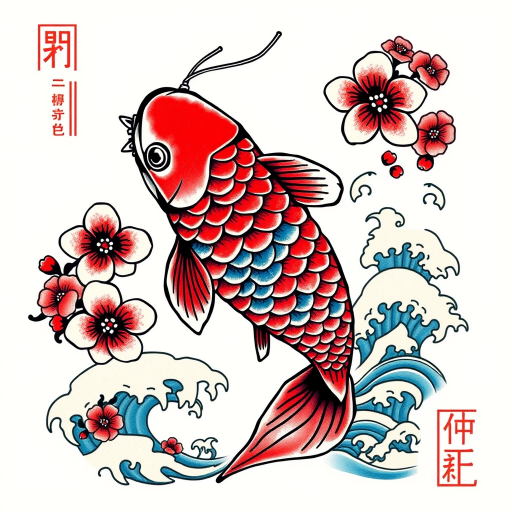 Japanese-inspired koi fish tattoo with dynamic movement and vibrant scales, surrounded by cherry blossoms and traditional wave patterns, symbolizing perseverance and strength in a bold, colorful style