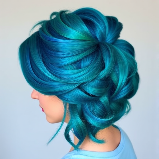 Captivating teal blue hair in a voluminous bouffant style, created by Aqua Skye, featuring a glossy finish with peacock-inspired highlights in shades of emerald and sapphire