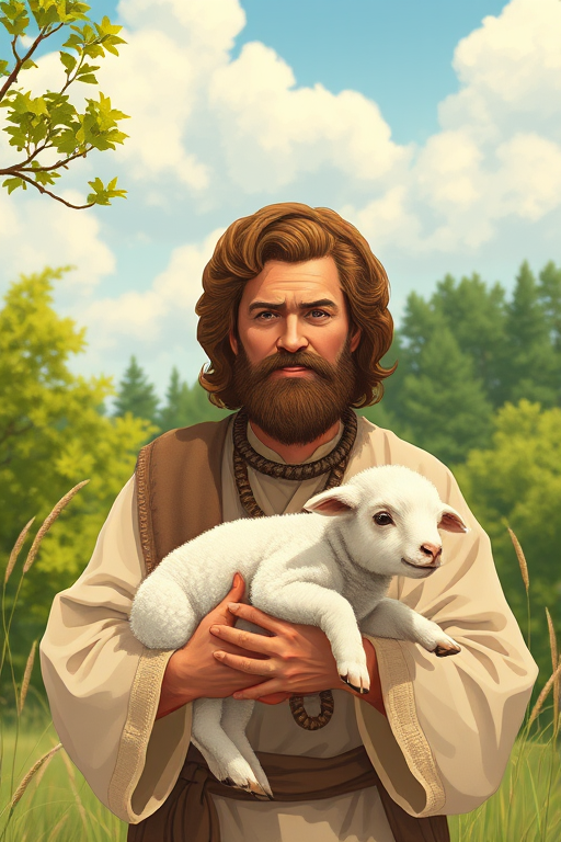 Generate a detailed illustration of a serene shepherd holding a lamb with lush green trees and fluffy clouds in the background, shot with a Canon EOS R5, 85mm lens at f/1.8, using natural lighting and a soft focus style to enhance image quality.