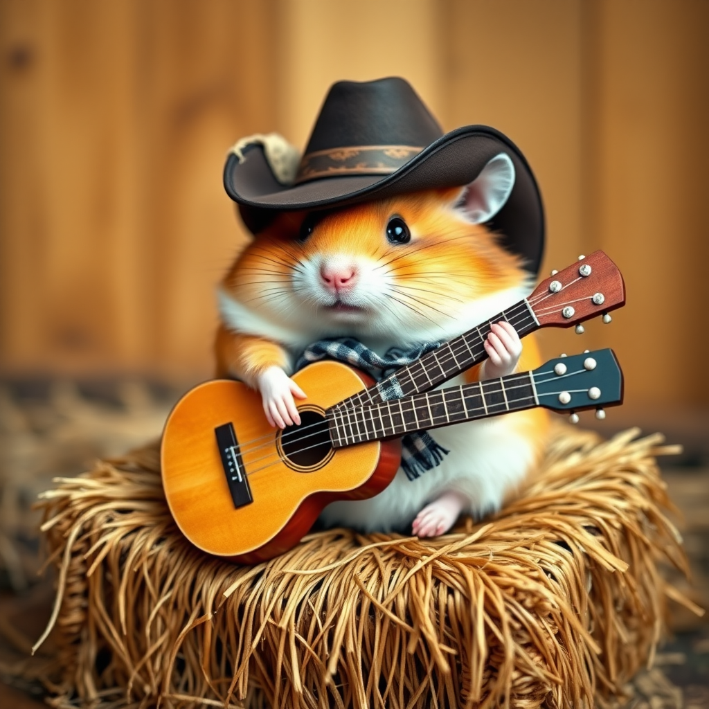 A chibi hamster, dressed as a cowboy, playing guitar, sitting on a hay bale