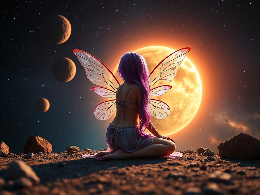 Create an ethereal scene of a fairy with purple hair sitting gracefully in front of a glowing planet surrounded by asteroids, using a DSLR camera, 50mm lens, f/2.8 aperture, ISO 100, 1/200 sec shutter speed, and a high dynamic range to enhance colors and details in the cosmic background.