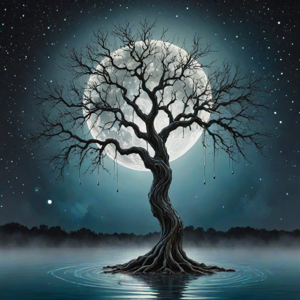 painting of a tree with a full moon in the background and water dripping from its branches, fantasy art, alcohol ink, 3D, 4K, HDRi