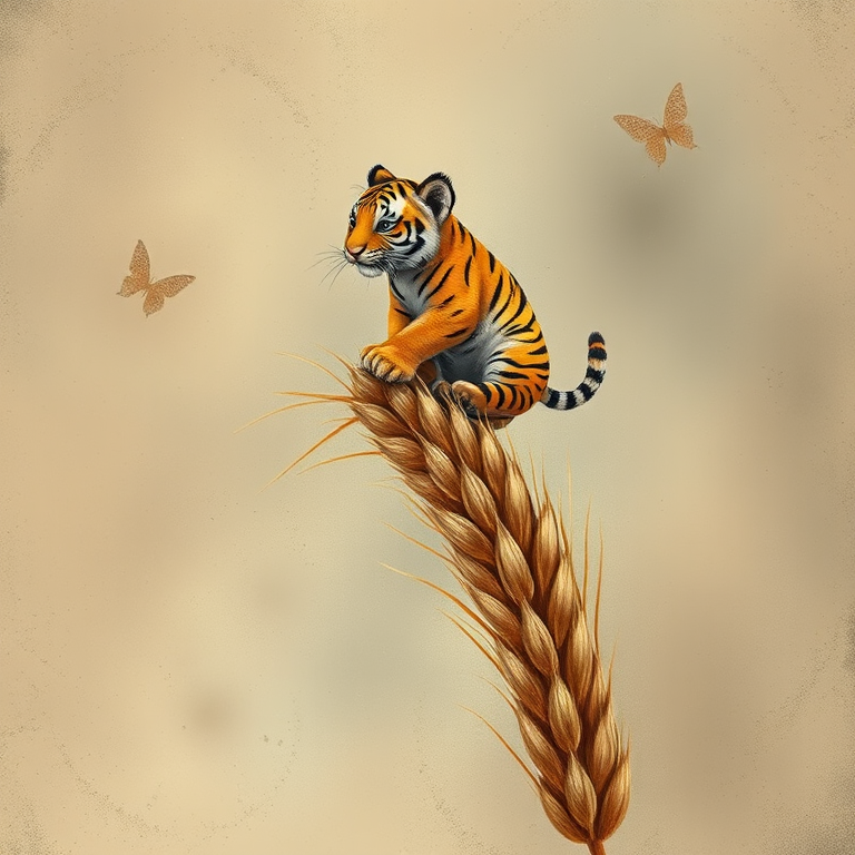 Soft, muted Alcohol Ink with ebru effect background image of tiny whimsical tiger, who climbed high on the top of a golden rye ear.