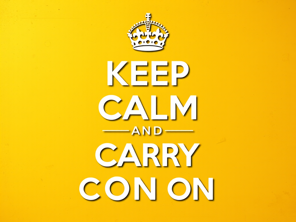 Create a vintage-style poster with the phrase "Keep Calm and Carry On" in bold white font on a textured golden yellow background, using a DSLR camera with a 50mm lens, f/1.8 aperture, ISO 100, and soft natural lighting for enhanced clarity and depth.