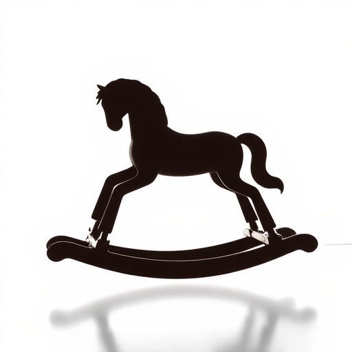 Generate a playful silhouette of a rocking horse, captured with a Canon EOS R5, 50mm lens, aperture f/2.8, ISO 100, shot from a low angle to emphasize height and detail, using a clean white background for clarity.