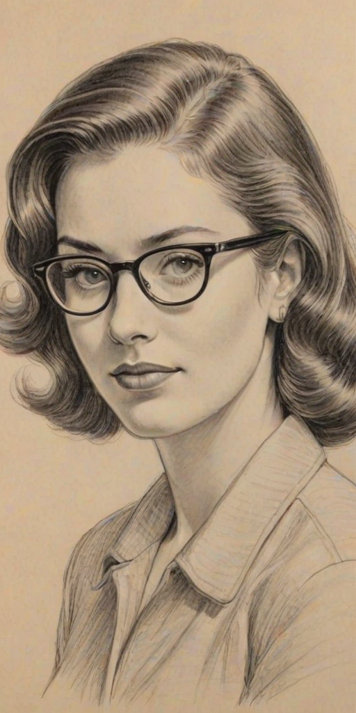 Graceful Amie Kaufman, pencil sketch, portrait of Pleasing woman 1949s in glasses, hair style beatnik, outline, clear lines, fine lines, 8k