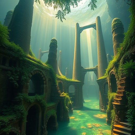 A stunning fantasy landscape of an ancient underwater city with grand architecture, lush greenery intertwined with stone structures, illuminated by ethereal light, captured in high resolution with a Canon EOS R5, 24mm lens, f/8 aperture, ISO 100, at sunrise for soft lighting effects, shot from a low angle for dramatic perspective.