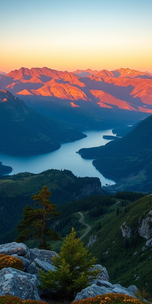 high-resolution landscape photograph of a mountainous view overlooking a lake surrounded by hills, captured with a Canon EOS R5, lens 24-70mm f/2.8, aperture f/8, ISO 100, shutter speed 1/200 sec at a wide-angle perspective during golden hour for enhanced colors and detail.