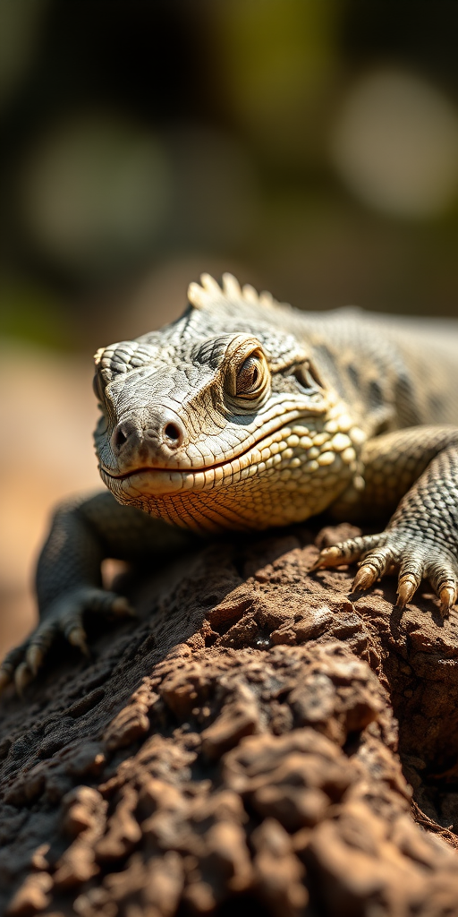 Macro close-up of a monitor lizard resting on a textured log, natural sunlight highlighting its scales, Canon EOS R5, 100mm f/2.8L macro lens, aperture at f/4, ISO 200, 1/200 sec, shallow depth of field, soft focus background for detail enhancement.