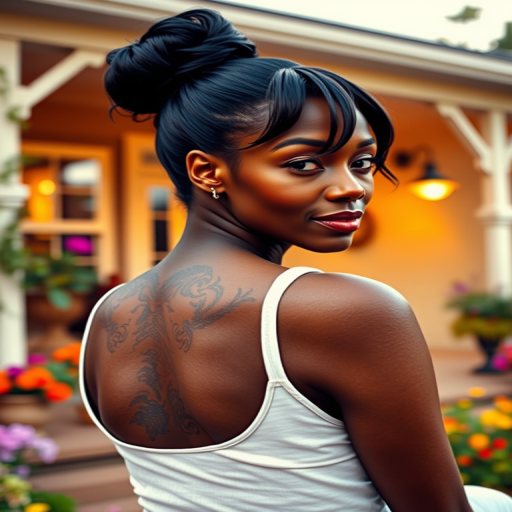 A photo of Lupita Nyong'o with a background of a cozy porch. She has dark hair pulled back in an updo, with tendrils framing her face. She wears a white tank top and sits on the porch. The porch is part of a well-lit home with a warm, earthy tone and colorful flowers and foliage. The overall scene has a warm, welcoming, and comfortable ambiance.