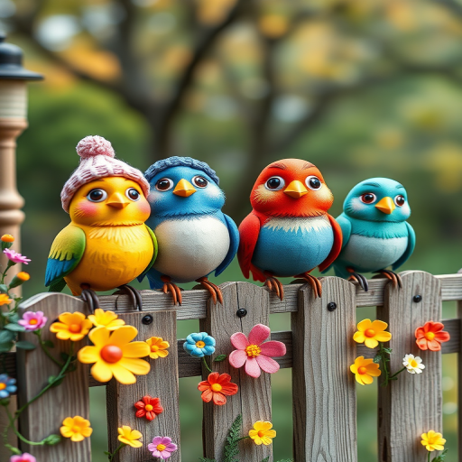 create a scene of 4 quirky  whimsical colourful comical birds each with a funny expression. they are sat on a wooden fence with colourful flowers. they are all different sizes. each one is a different colour  one is wearing a woolly hat. Each one has a different quirky google expression and there is a muted background of trees watercolour paintierly style high definition 8k resolution 3D paper mache