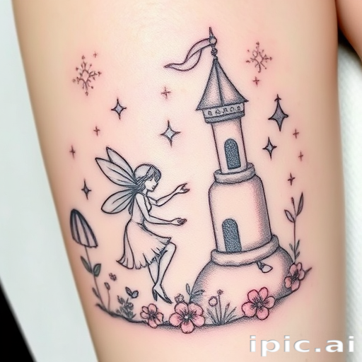 Illustrative fine line tattoo featuring a whimsical fairy tale scene, delicate linework creating depth and texture, ethereal pastel colors blending seamlessly, storybook-inspired composition