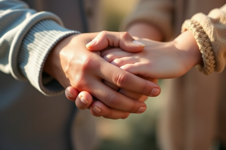 a close-up of two hands gently holding each other with soft, natural lighting, portrait orientation, 50mm lens, f/2.8 aperture, ISO 100, shallow depth of field, DSLR camera
