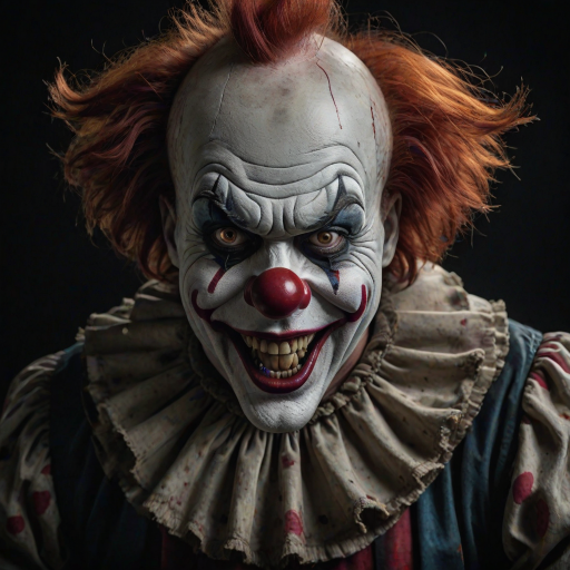 Create a hyper-realistic, dark, and eerie clown with a sinister smile, set against a black background. The clown should have exaggerated makeup with sharp, contrasting colors to enhance its menacing appearance. The overall atmosphere should be unsettling and intense, capturing a sense of horror and suspense
