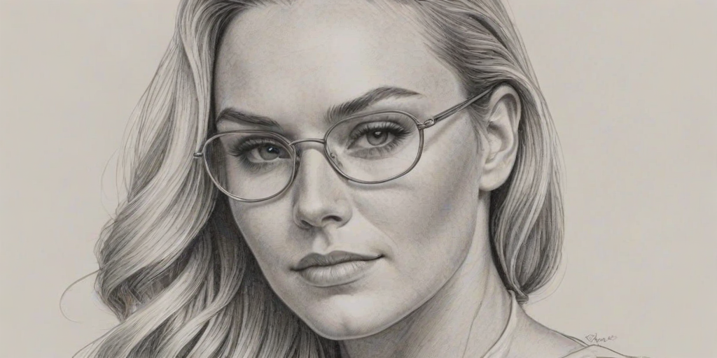 Resplendent Lindsey Vonn, pencil sketch, portrait of Splendid woman 1938s in glasses, hair style beatnik, outline, clear lines, fine lines, 8k