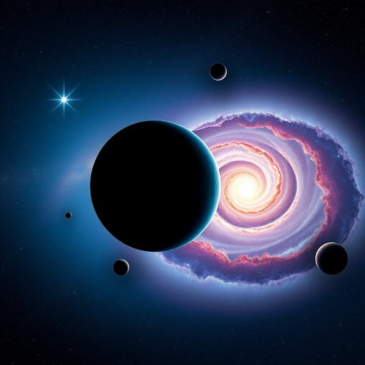 Create an otherworldly cosmic scene featuring a dark planet partially illuminated by a distant star, with a spiral galaxy in the background, shot with a DSLR camera at f/2.8, 24mm focal length, ISO 800, using a long exposure of 30 seconds to capture the vibrant colors and details of the nebula.