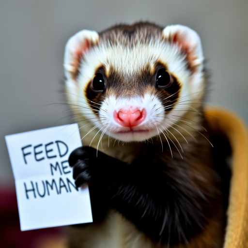 Ferret holding a note which says "FEED ME HUMAN"