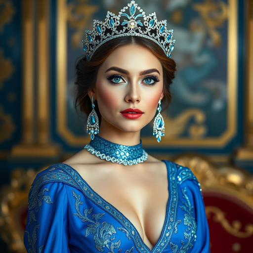 A gorgeous Kyrgyz woman in a luxurious blue gown, accessorized with a dazzling tiara and statement earrings, her deep blue eyes highlighted by impeccable makeup, poised in a royal setting, photorealistic, 8K quality