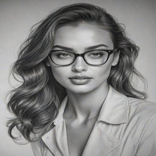 Fascinating Irina Shayk, pencil sketch, portrait of Ravishing woman 1942s in glasses, hair style beatnik, outline, clear lines, fine lines, 8k