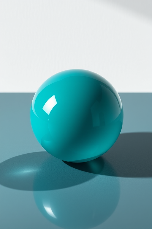 Create a high-resolution image of a glossy teal sphere resting on a shadowed surface with a soft gradient background, using a 50mm lens, f/2.8 aperture, ISO 100, shot from a slightly elevated angle to capture reflections and depth.