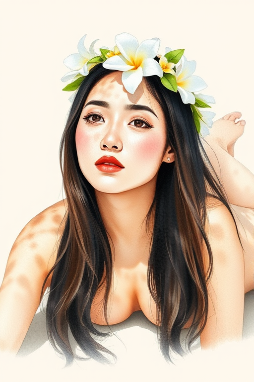 create a watercolor painting of an ethereal portrait of beautiful Malay woman with a simple white flower crown on her head. Her hair is long and she is lying on the ground. The sunlight on the trees casts shadows from the leaves on her face and body. The background is a neutral brown color that matches her skin tone. The image is minimalist and solid colors. This style is characterized by soft, delicate brushstrokes and a light, airy, contrasting color palette. High level of detail and play of light
