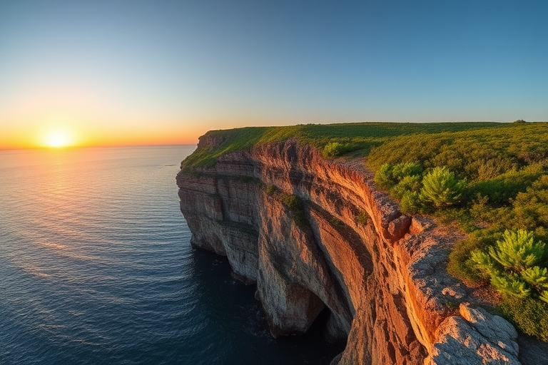 Generate a high-quality image of a rocky cliff with lush green vegetation overlooking a calm sea during sunset, using a Canon EOS R5, aperture f/8, ISO 100, shutter speed 1/200s, with a wide-angle lens and a drone view for a panoramic perspective.