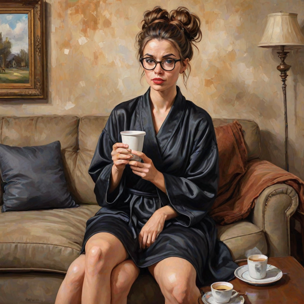 The words ‘Professional Overthinker’ (exact spelling) An exaggerated whimsical illustration of a cute silly lady with unruly messy brown bun and black glasses pouty lips and a thinking expression. Shes sitting on the couch, legs folded wearing a black silk robe, black fuzzy slippers. She’s holding her coffee cup and making a deep-in-thought face.  A quirky scruffy cat (dog) looking at her against a mottled, oil painting style soft background living room setting.