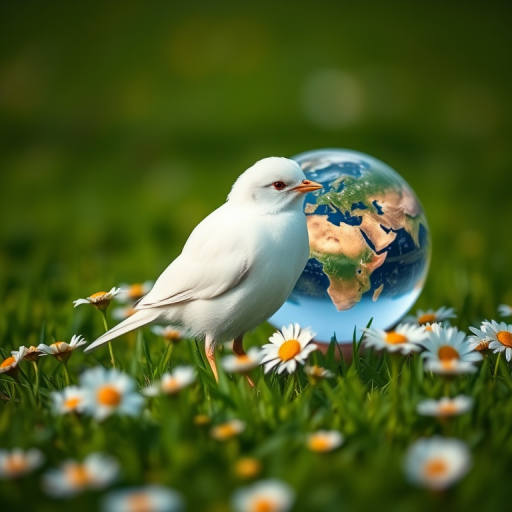 Create a serene scene of a white bird standing on lush green grass surrounded by daisies and a glass globe revealing Earth, shot with a DSLR camera at f/2.8, ISO 100, 50mm lens, natural lighting, focusing on depth of field for a dreamy quality.