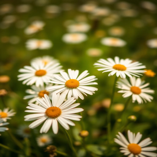 Close-up of white daisies in a sunlit field with a soft bokeh effect, aperture f/2.8, shutter speed 1/250s, ISO 100, 50mm lens, shot in natural light with a DSLR camera.