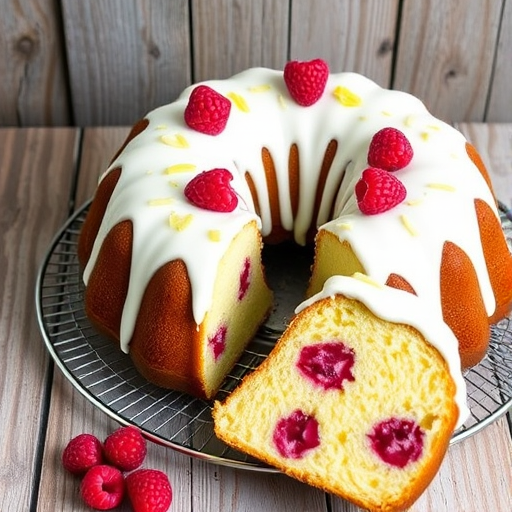 A beautifully decorated raspberry lemon bundt cake with cream cheese frosting topped with fresh raspberries and lemon zest on a wire rack against a rustic wooden background. A slice of the cake is cut and placed next to it, showcasing the moist interior filled with raspberries.