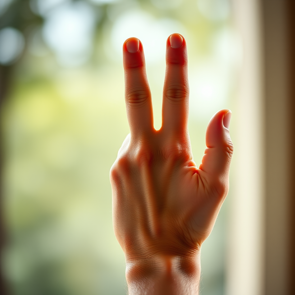 create a high-resolution image of a hand making the "L" gesture, focus on the details of the fingers and palm, taken with a Canon EOS R5 at f/2.8, 1/200s exposure, ISO 100, soft natural lighting from the side, shallow depth of field to blur the background and emphasize the hand.