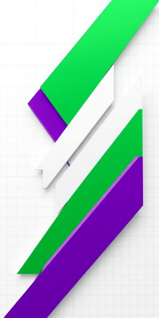 Create an abstract geometric design featuring sharp, angular shapes in green, purple, and white, with a clean, bright background resembling graph paper using a DSLR camera, ISO 100, aperture f/8, shutter speed 1/60s, focal length 50mm, shot from a top-down perspective, with a vibrant and crisp photo style.