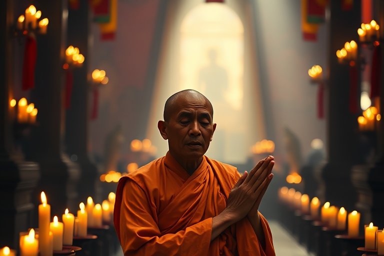 A serene monk in orange robes praying in a dimly lit temple surrounded by glowing candles, soft bokeh background, shot with a Canon EOS R5 at f/1.8, ISO 100, 85mm lens, natural soft light for a warm atmosphere.