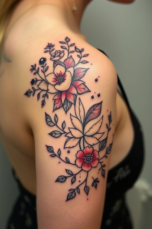Whimsical dot work tattoo titled "Enchanted Garden" showcasing intricate floral patterns and tiny woodland creatures hidden within the design, creating a dreamlike and ethereal atmosphere on the shoulder blade