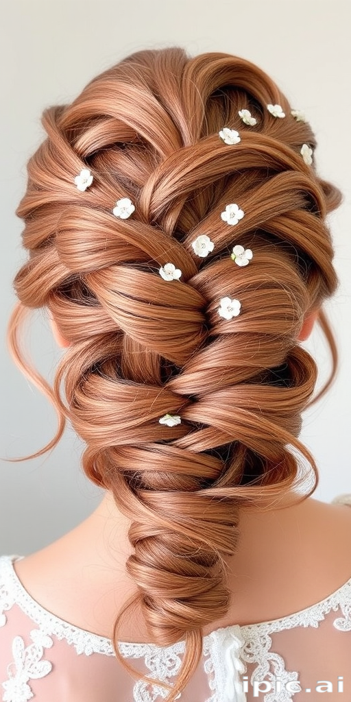 Romantic rose gold updo with intricate braids, called "Blushing Crown," incorporates delicate twists and turns adorned with tiny floral accessories