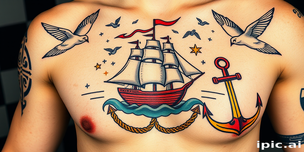 Vintage sailor tattoo titled "Nautical Nostalgia" reimagining classic maritime motifs with a modern twist, featuring a ship in a bottle, anchors, and swallows rendered in bold lines and vibrant colors, perfect for traditional arm or chest placement