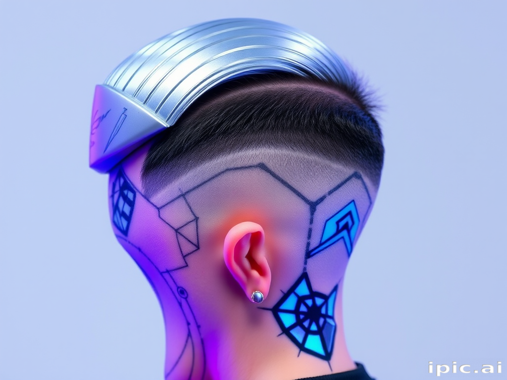 Futuristic Cyberpunk Undercut exhibiting a sleek silver metallic top section contrasting with neon blue and purple shaved sides intricately patterned with geometric designs