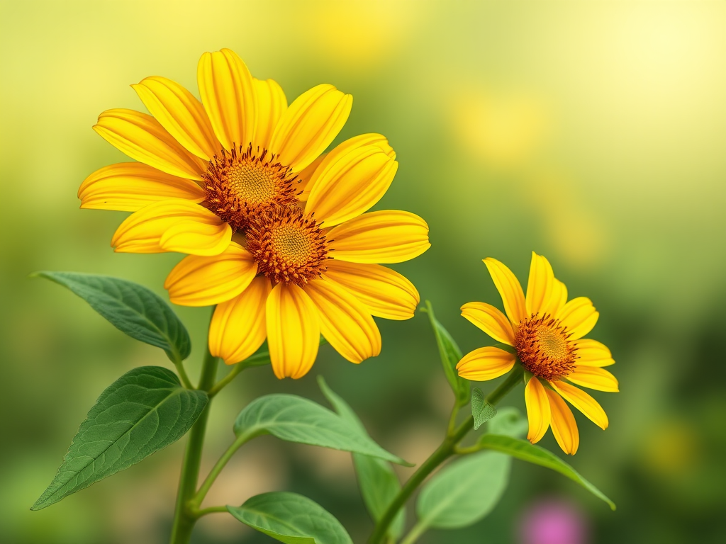 Create a vibrant illustration of two yellow flowers with detailed petals and green leaves on a natural background, using a DSLR camera with a 50mm lens at f/2.8, ISO 100, and a shallow depth of field for a soft background effect, captured from a slightly elevated angle for a dynamic view.