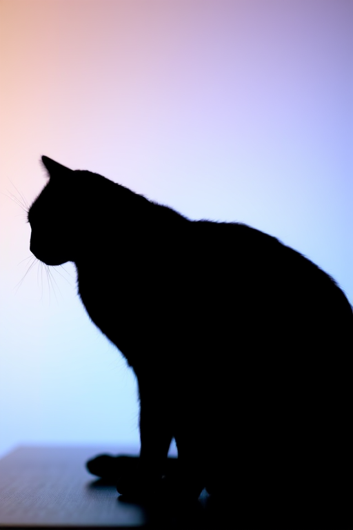 Generate an image of a stylized black cat silhouette against a gradient background, using a DSLR camera with a 50mm lens, aperture f/2.8, ISO 100, and a soft focus effect, capturing a side view to enhance the details of the cat's form and the background colors.