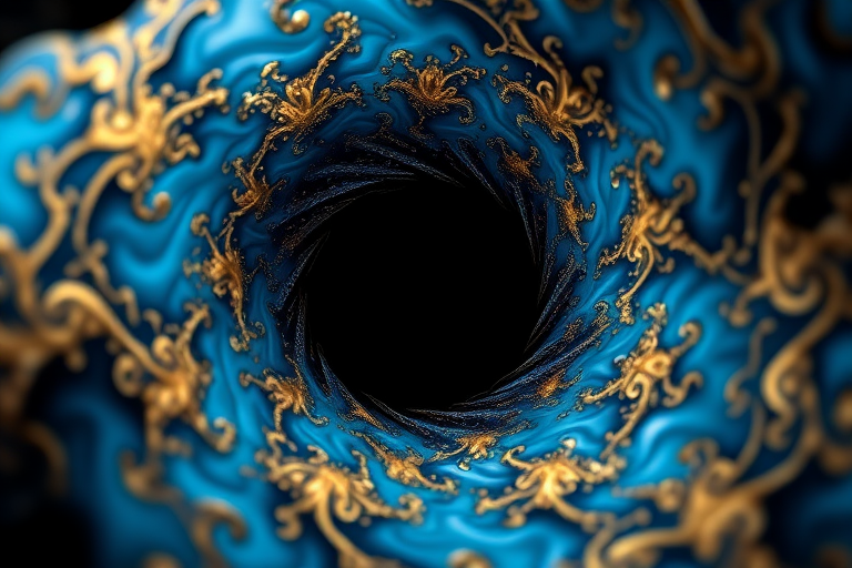 Create a high-resolution fractal image depicting a swirling black hole with intricate blue and gold patterns, shot with a DSLR camera at f/8 aperture, ISO 100, 50mm lens, in macro view with a soft focus background for enhanced depth.